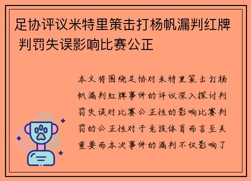 足协评议米特里策击打杨帆漏判红牌 判罚失误影响比赛公正